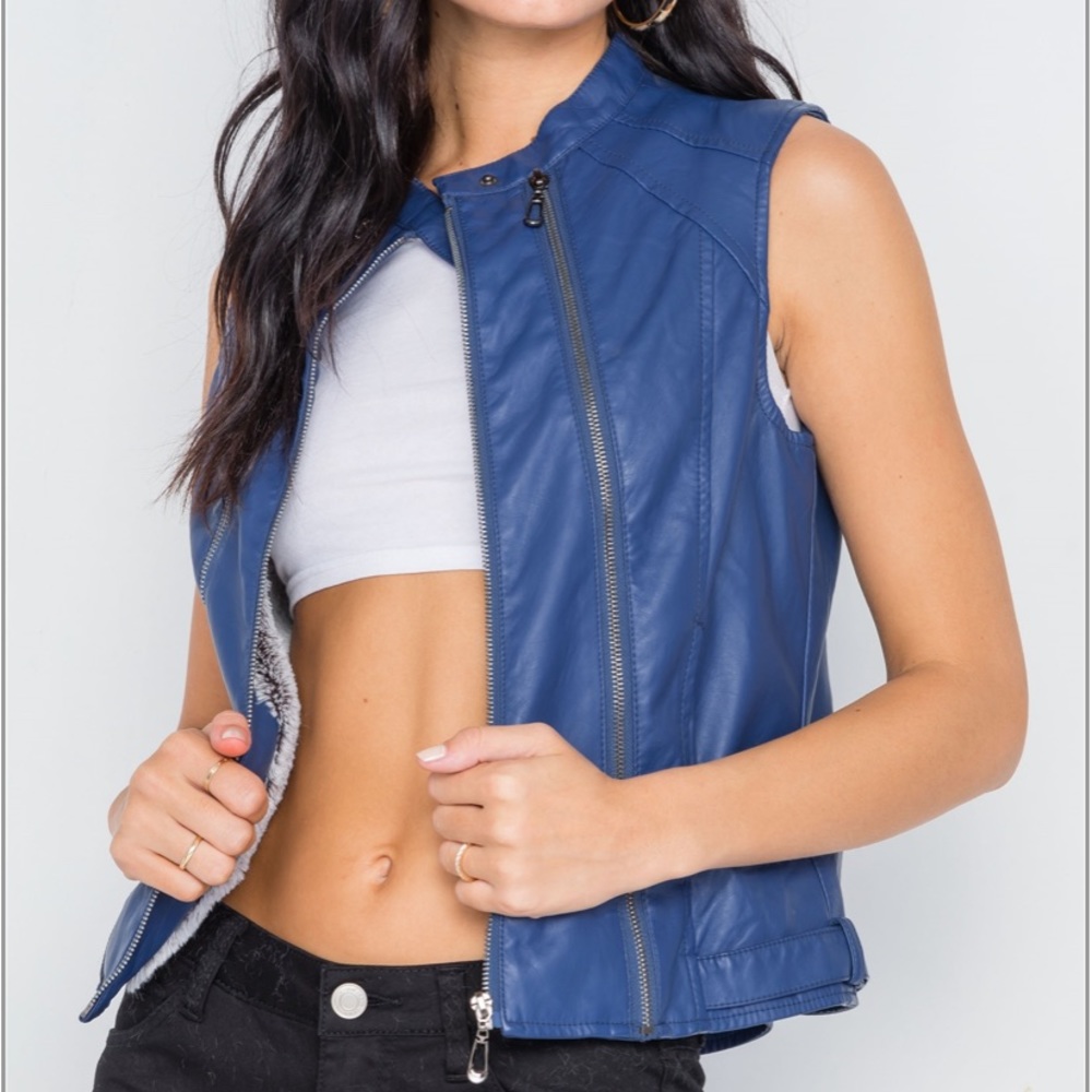 Faux leather blue fur lined vests